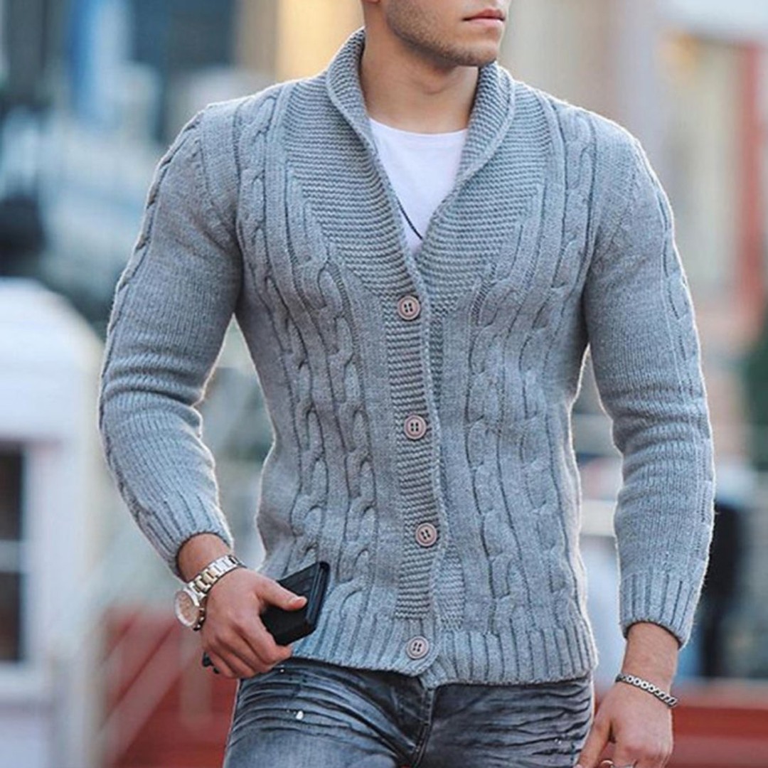 Men's Cable Knit Cardigan Button Down Warm Knit Jacket-Grey | The Warehouse