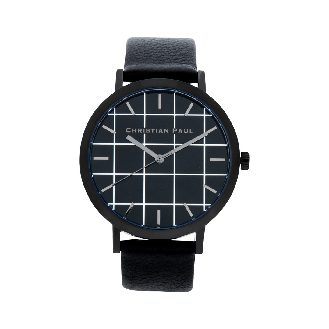 Christian Paul Men's 43mm Strand Grid Wrist Watch w/ Leather Strap Band Black