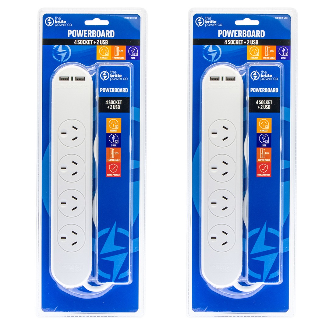 2x The Brute Power Co 4 Sockets/2 USB Ports 1m Cord/Cable 10A Power Board/Outlet