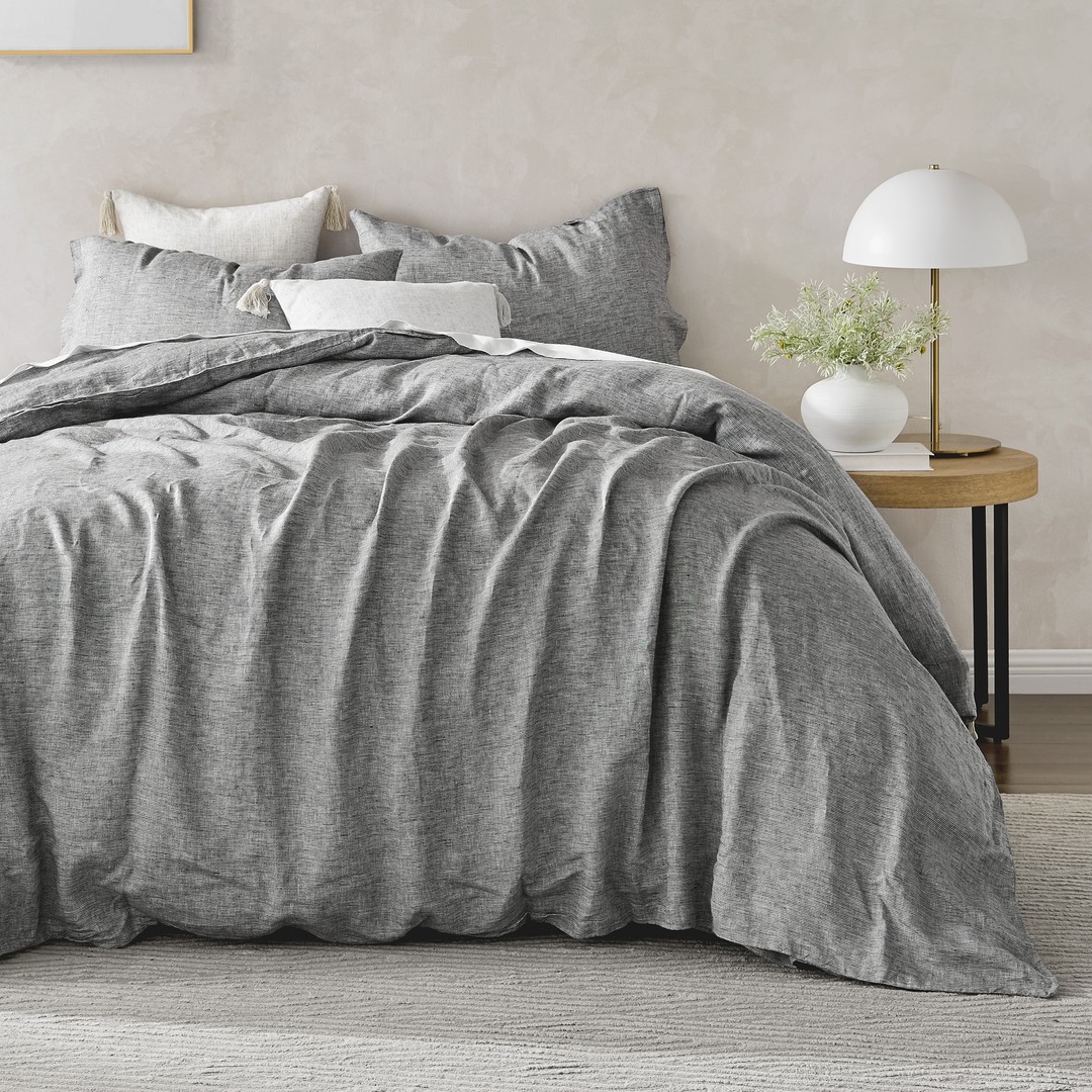 Natural Home Classic Pinstripe Linen Duvet Cover Set Dark with White ...