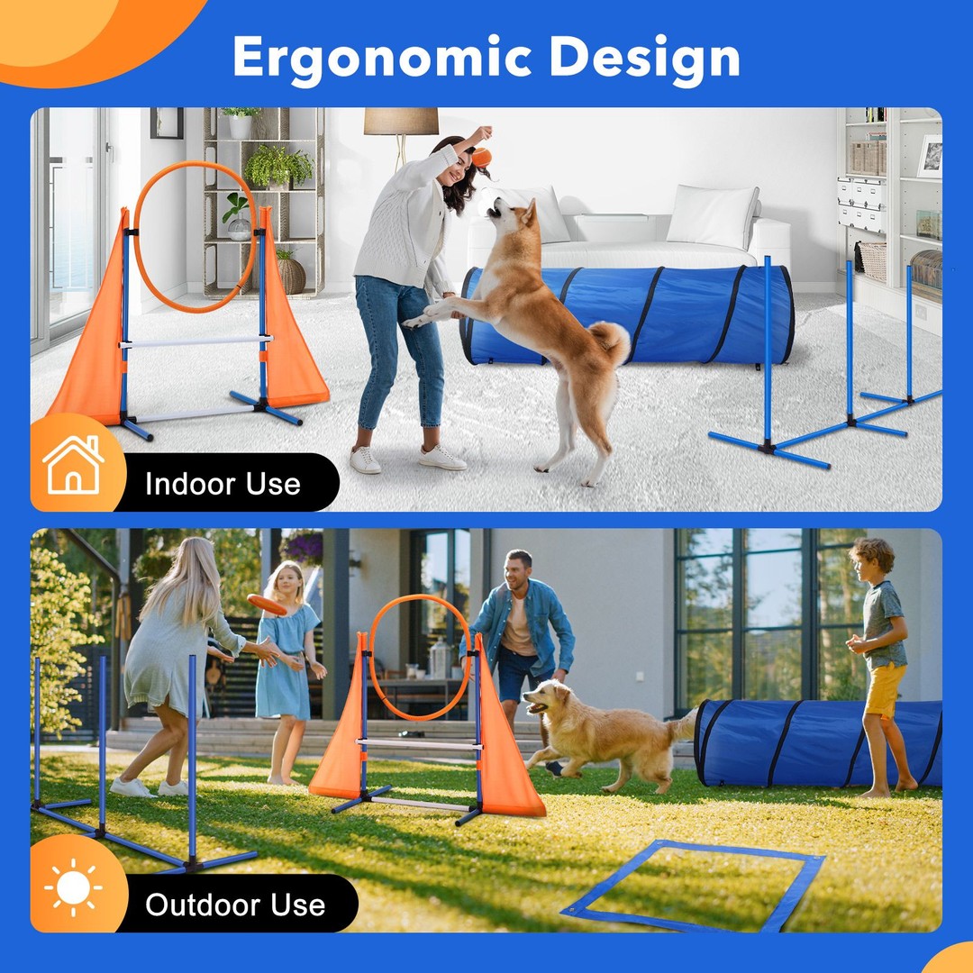 Dog Equipment Obstacle Training Course 7 Pet Toys Supplies Hurdle Jump Tire Tunnel Pause Box Weave Poles Frisbees Balls Carry Bags | The Warehouse