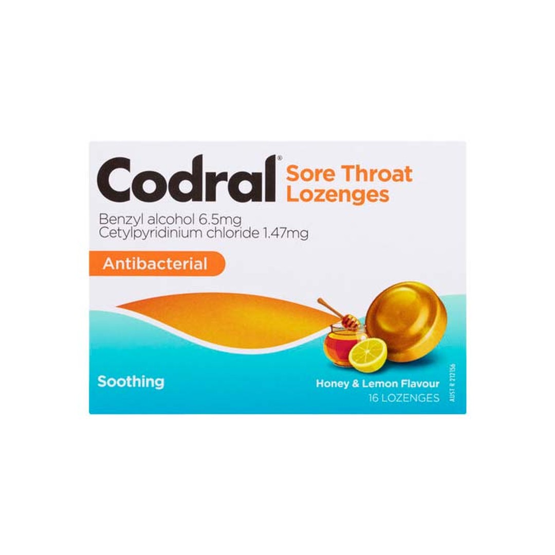 Codral Sore Throat Lozenges Antibacterial Honey & Lemon 16 Pack