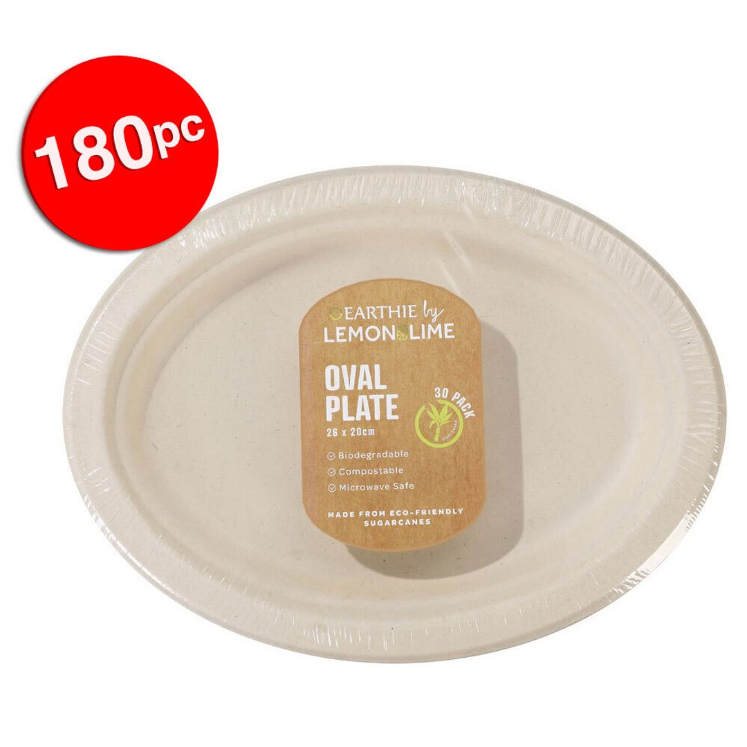 180pc Lemon & Lime Eco-Friendly/Biodegradable Disposable 26cm Oval Plate Natural