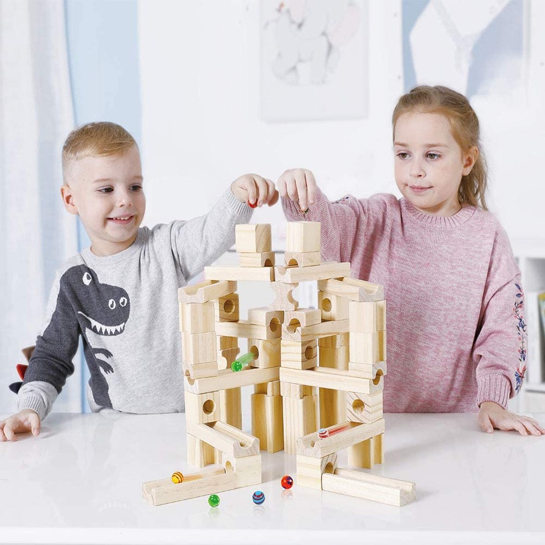 Marble Run Wood 60 Pieces With 10 Marble | The Warehouse