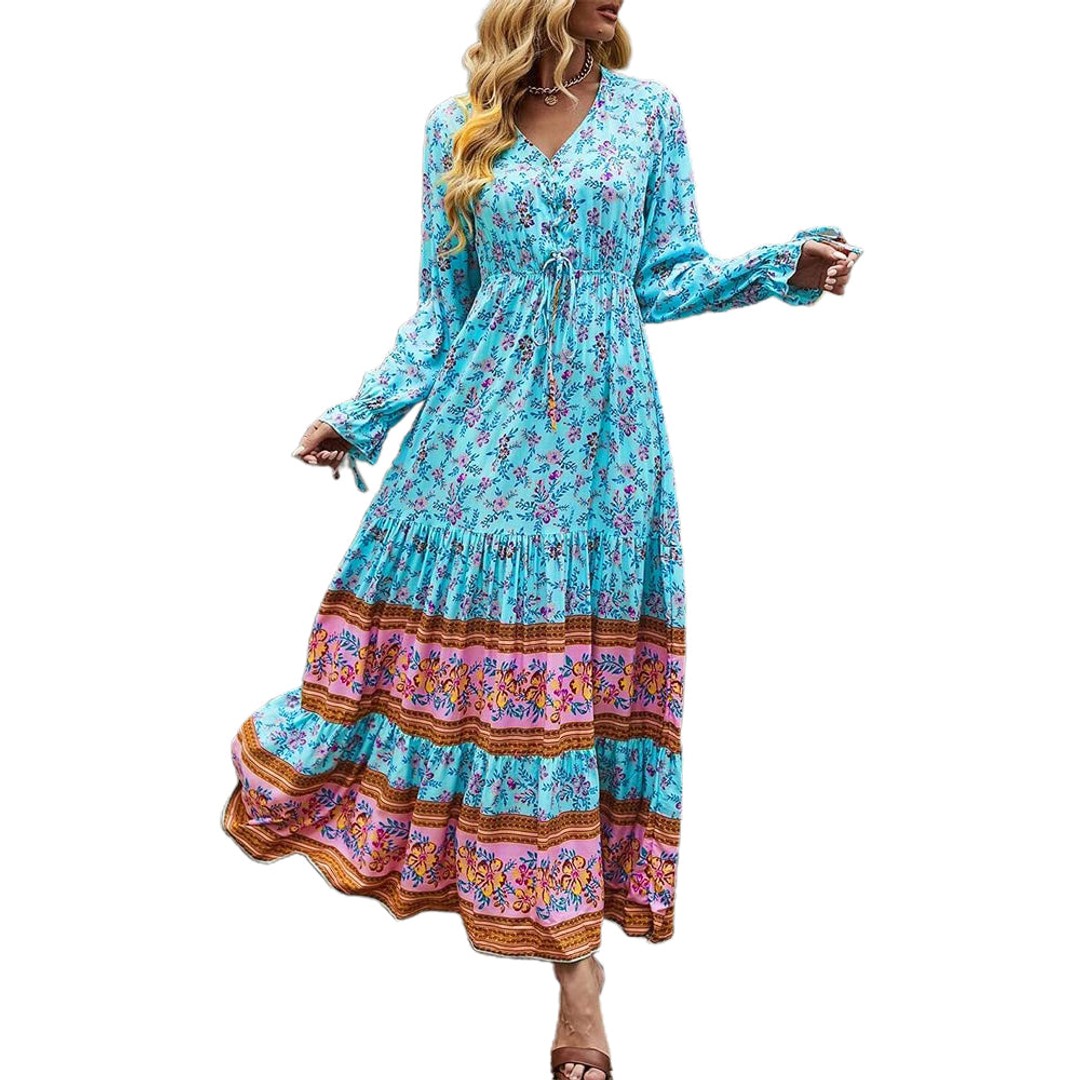 Women's Floral Print Boho Lace Up Front Dress | The Warehouse