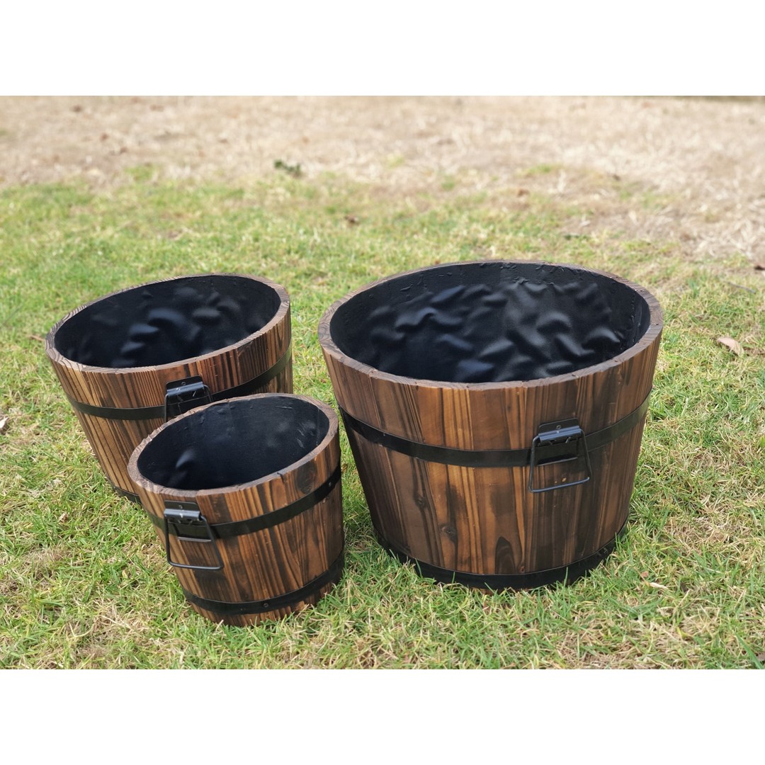 InStock Furniture and Homeware 3-Piece Fir Barrel Planter Set - Burnt colour