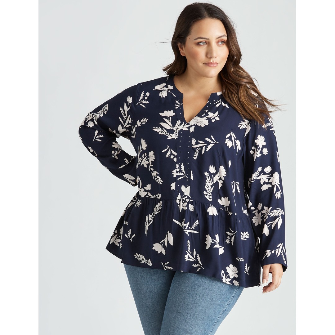 Womens Beme Long Sleeve Stud Detail Top - Plus Size | The Warehouse