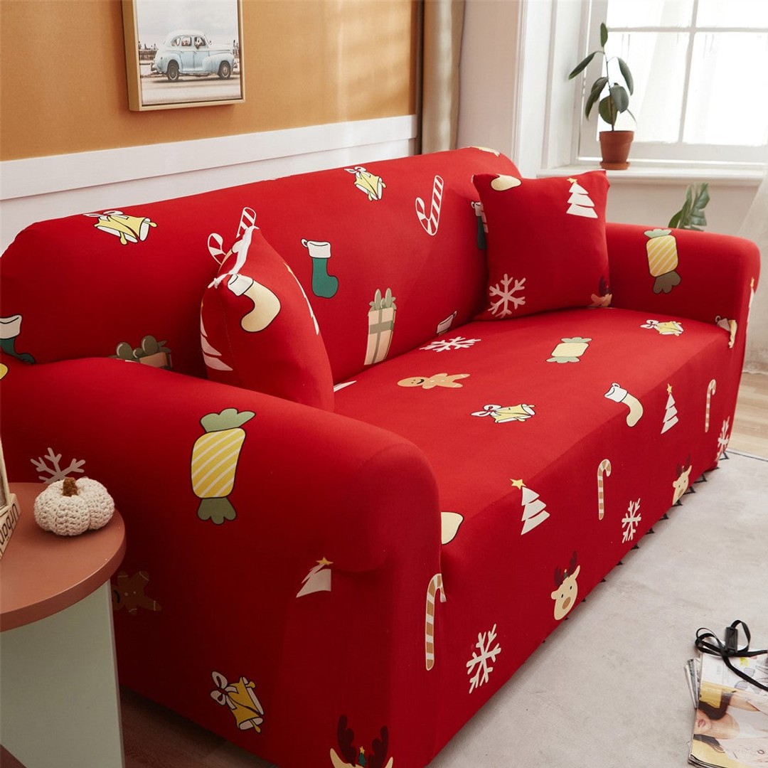 For 1-Seater Sofa Red Christmas Printed Sofa Cover Stretch Couch Cover ...