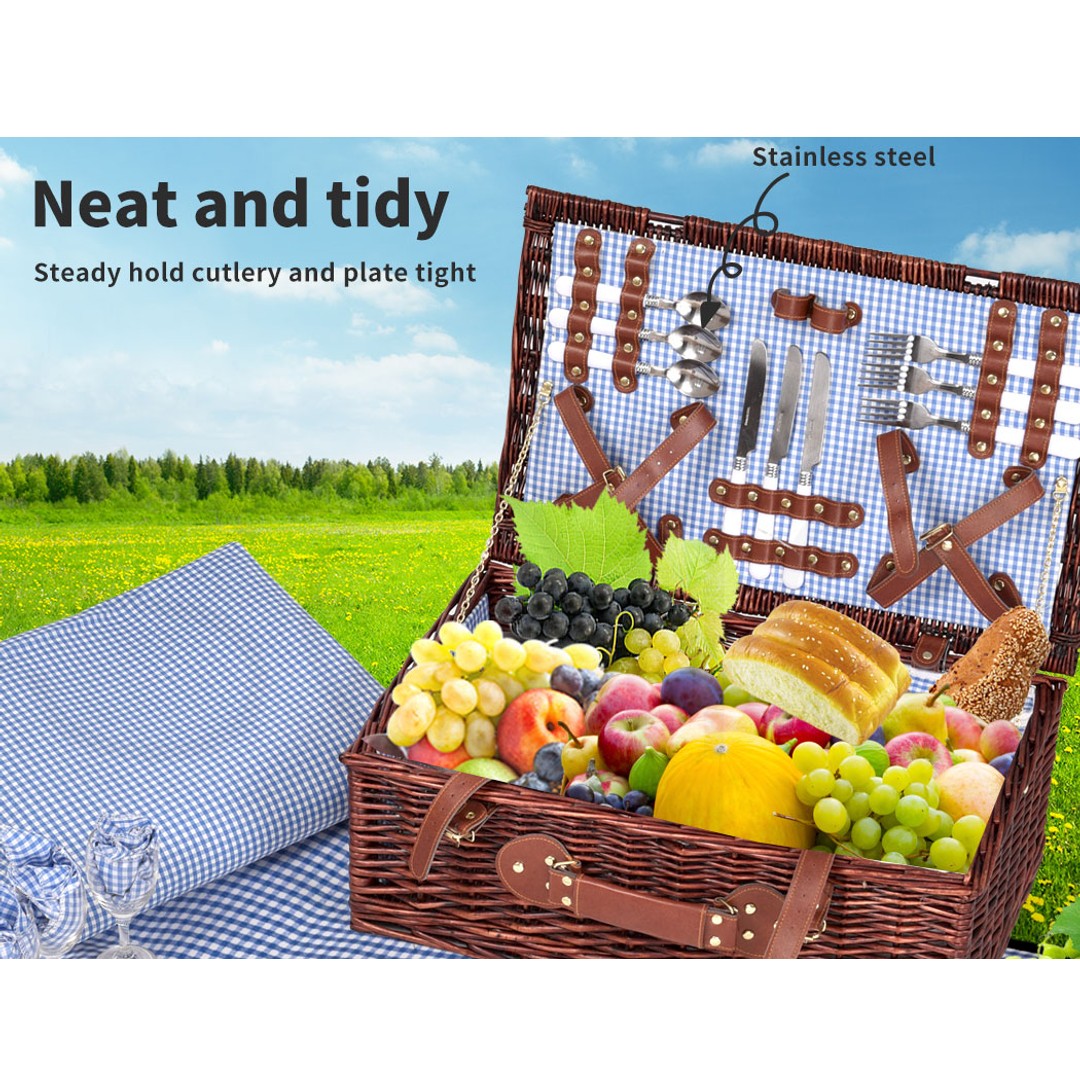 Picnic Basket 4 Person Baskets Set Insulated Willow Outdoor Blanket