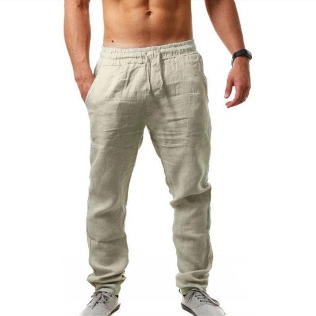 Men's Cotton Linen Pants Breathable Loose Drawstring Yoga Trousers ...