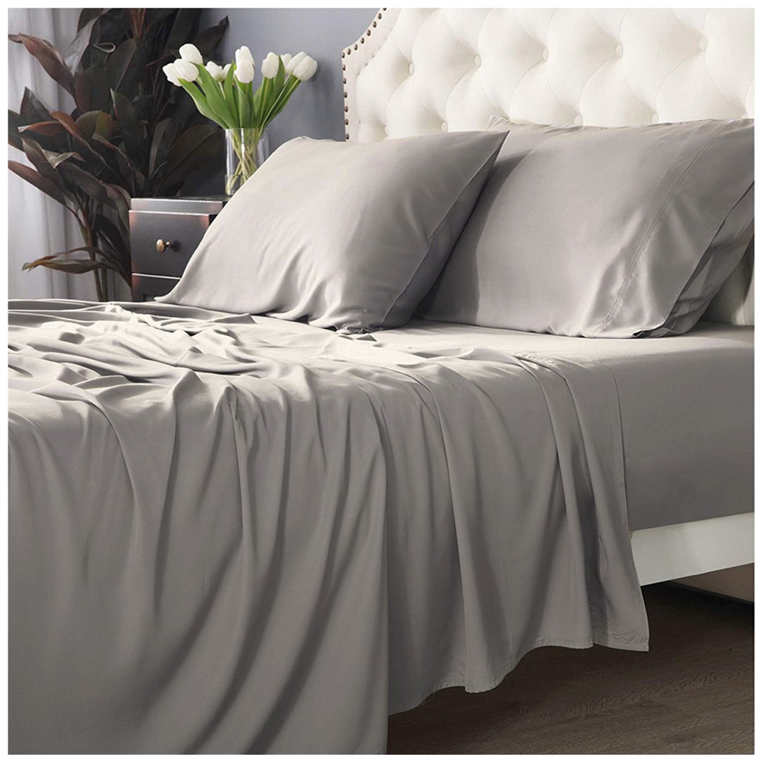 Park Avenue Split Queen Fitted Sheet Set/Pillowcases 500TC Bamboo Cotton Pewter