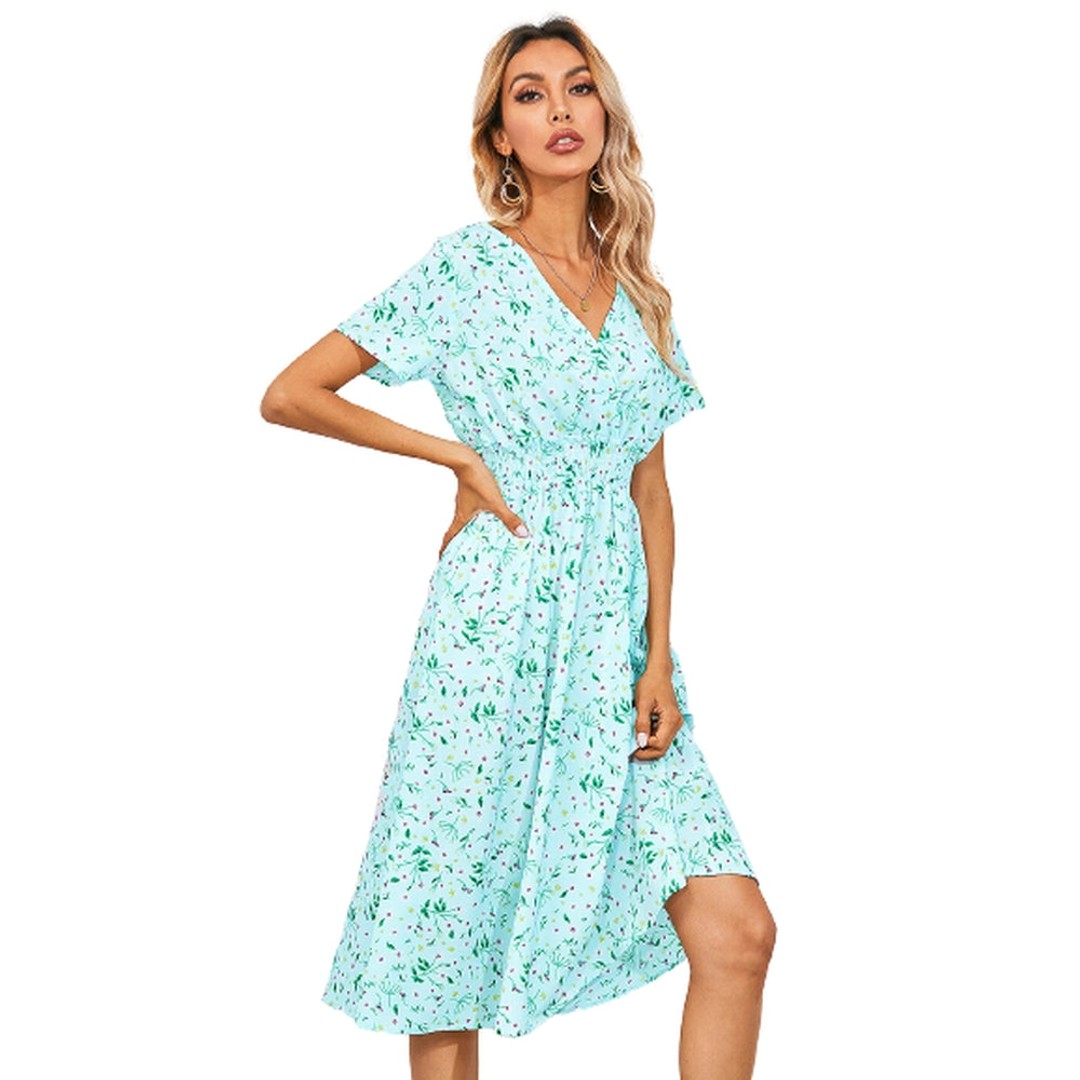 Women's Floral Printed Short Sleeve V-Neck Midi Dress with Elastic ...