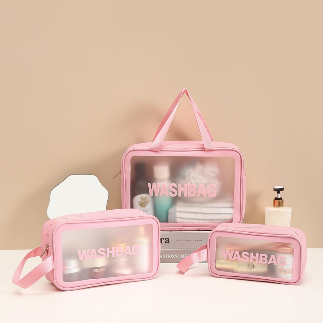3Pcs Transparent Travel Waterproof Cosmetic Bag Set-Pink