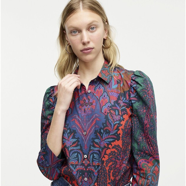 J.Crew Womens Puff-Sleeve Button-Down In Ratti Scarf Paisley Mixed ...