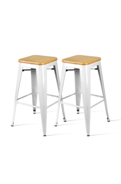 2 Metal And Bamboo Bar Stools White, White And Wood Bar Stools Nz