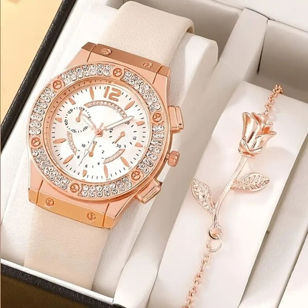 Watches Set Rhinestone Women Fashion Elegant Wristwatch Quartz Watch For Girl, White, hi-res