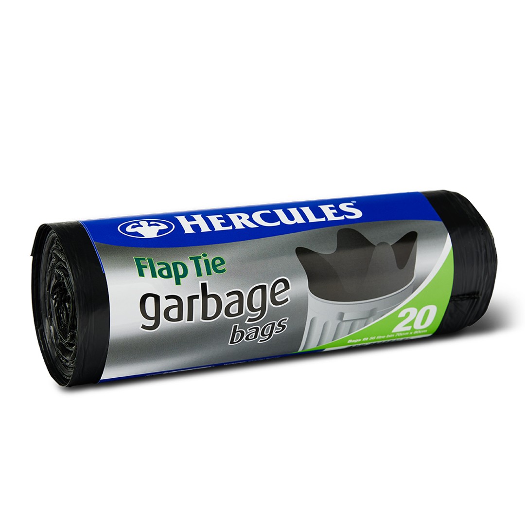 20pc Hercules Flap Tie 56L Bin Garbage Trash Bag Home/Kitchen Heavy Duty Plastic