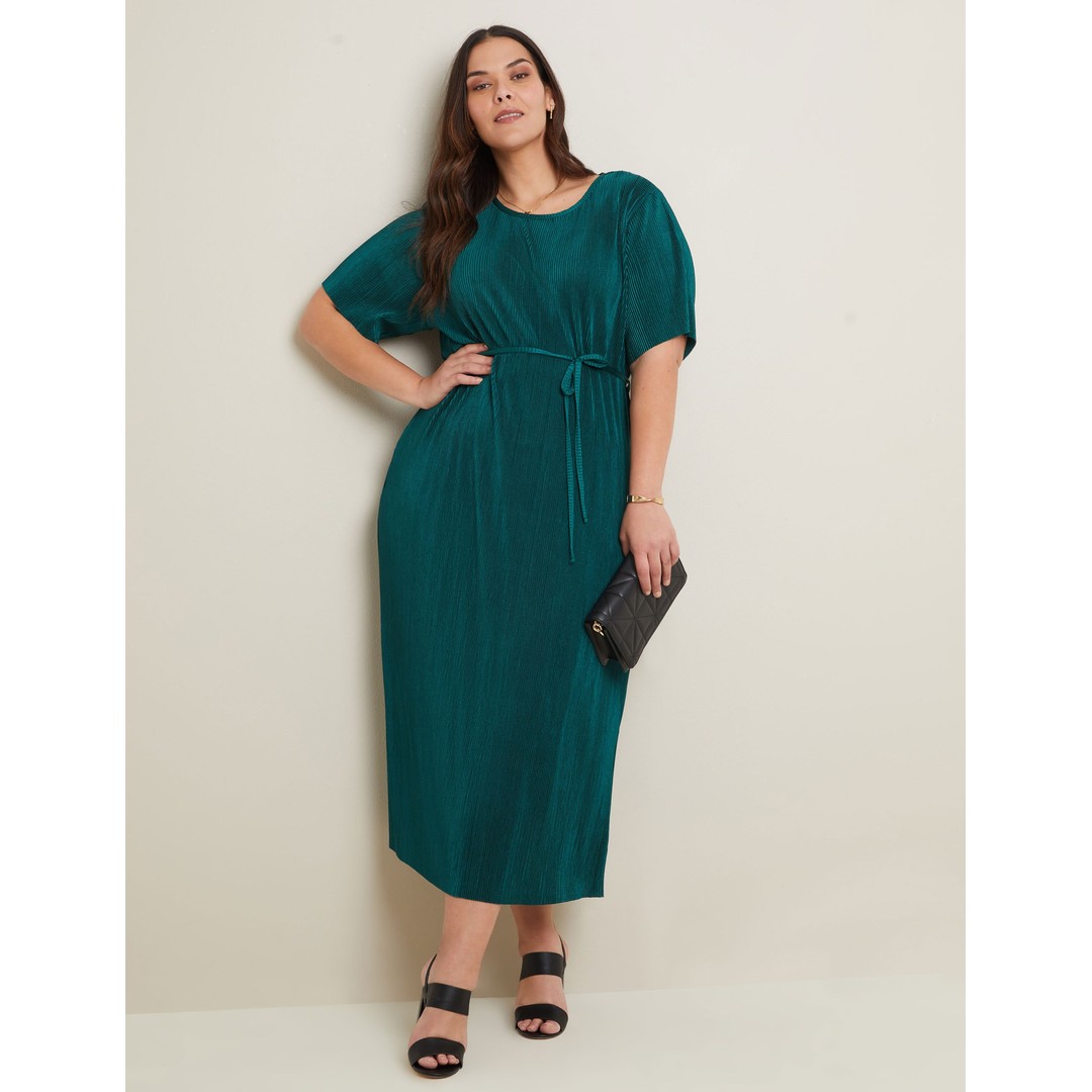 AUTOGRAPH - Plus Size - Womens Midi Dress - Green - Summer Casual Beach Fashion - Dark Green - Short Sleeve - solid - Plisse Pleat  - Women's Clothing