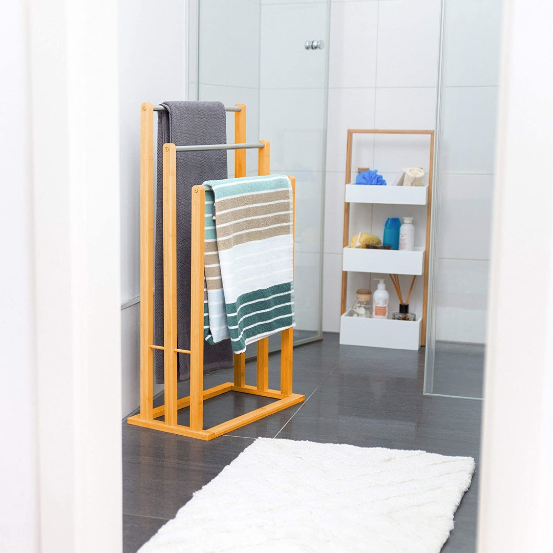 CARLA HOME Bamboo Towel Bar Holder Rack 3-Tier Freestanding for Bathroom. Towel Racks. Towel Rail Bathroom Accessory. Shower Hand Dish Towel. Towel Holder. Hand Towel Bar (Metal Holder)..., Brown, hi-res