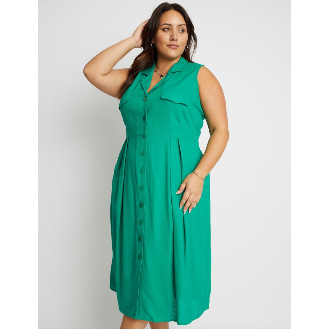 BeMe - Plus Size - Womens Midi Dress - Green - Summer Casual Linen Shirt Fashion - Emerald - Sleeveless - solid -  - Women's Clothing, Green, hi-res