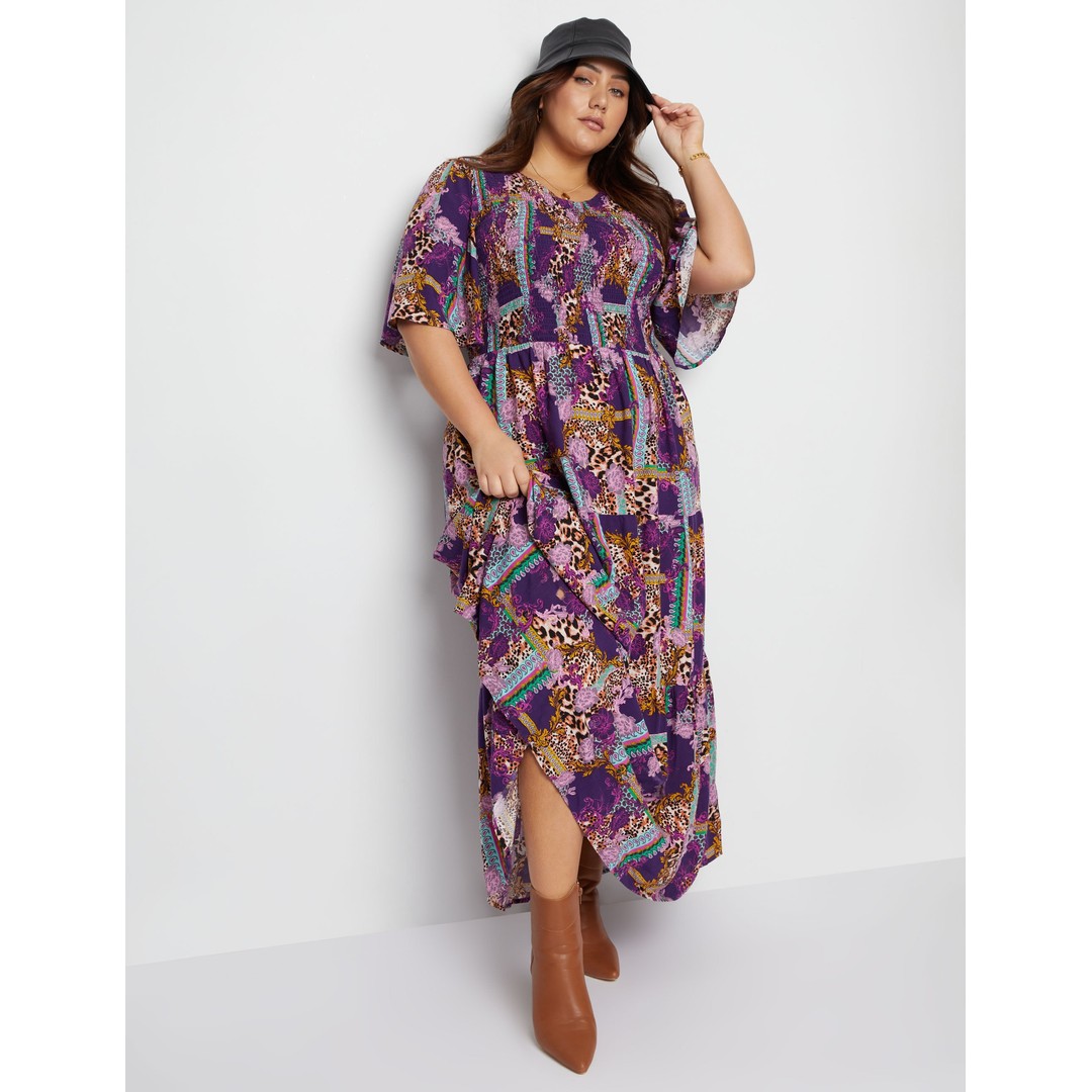 BeMe - Plus Size - Womens Maxi Dress - Blue - Summer Casual Beach Fashion - Patchwork - Short Sleeve -  - Shirred Bodice  - Women's Clothing