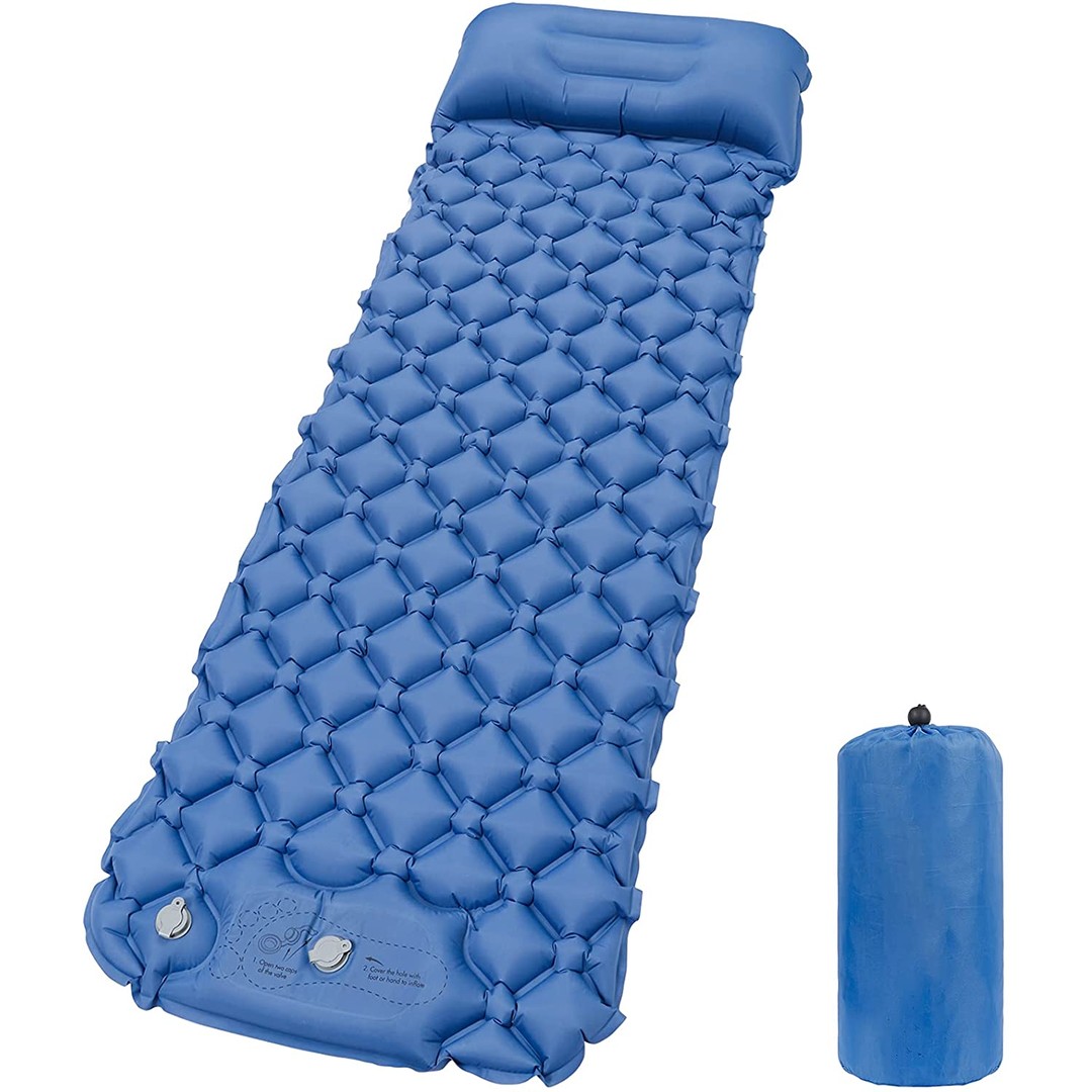 Zakka Ultralight Foot Press Camping Mat Inflatable Air Mattress with Pillow - Blue
