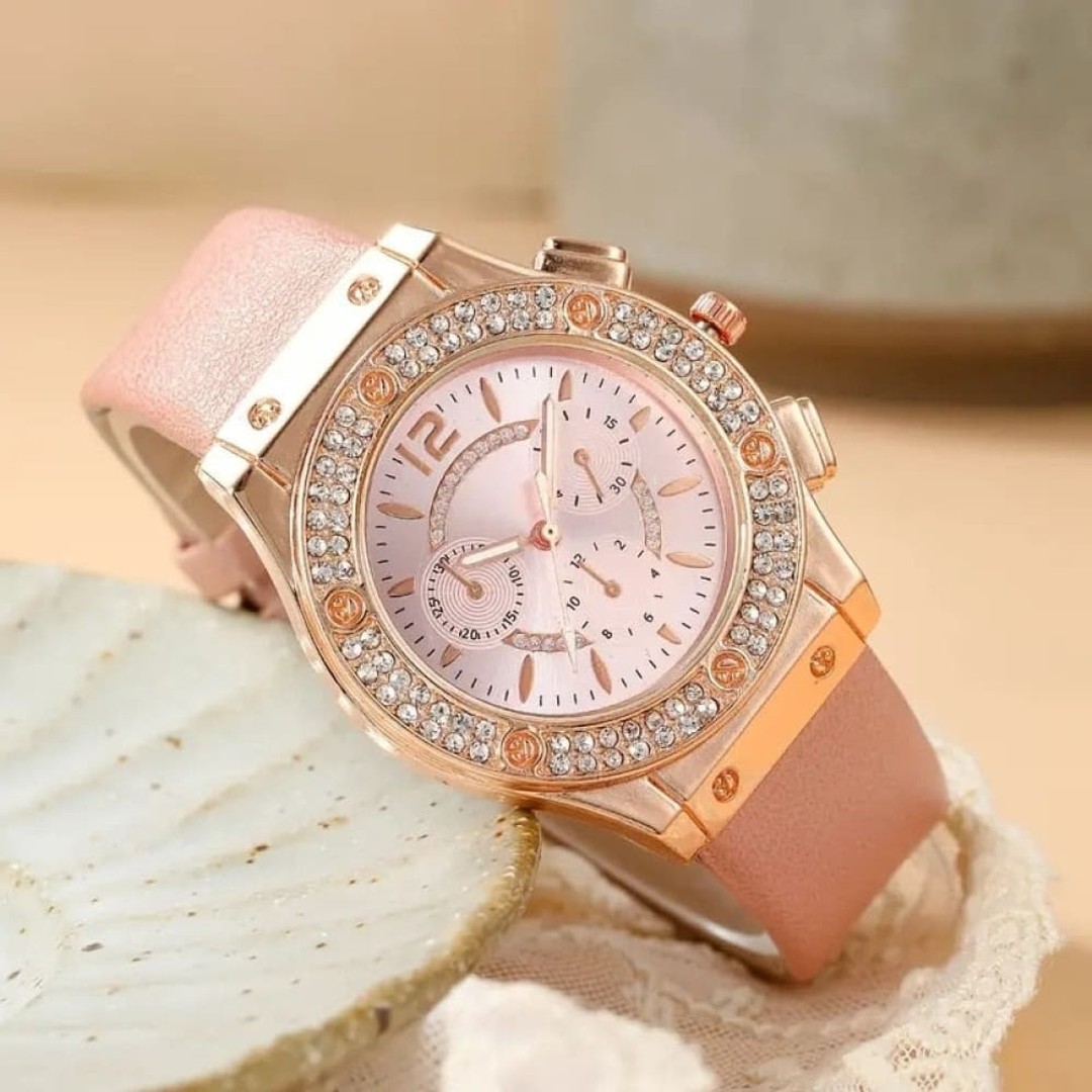 Watches Set Rhinestone Women Fashion Elegant Wristwatch Quartz Watch For Girl, Pink, hi-res