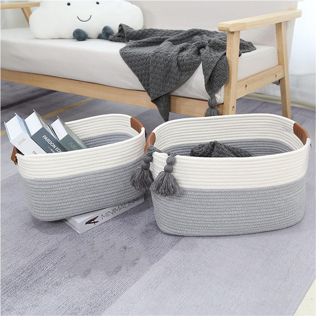 Woven Rope Basket with PU Handles-White/Grey