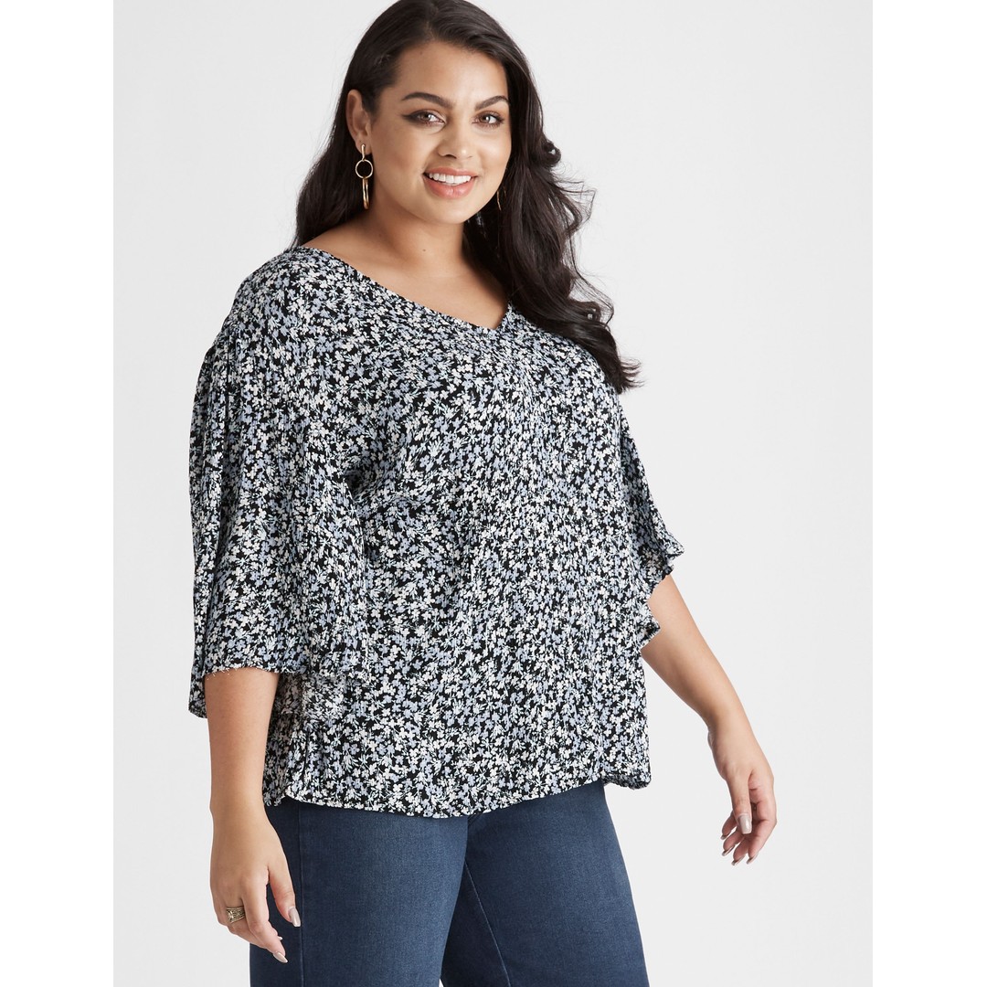 Womens Beme Printed Flutter Sleeve Top - Plus Size | The Warehouse