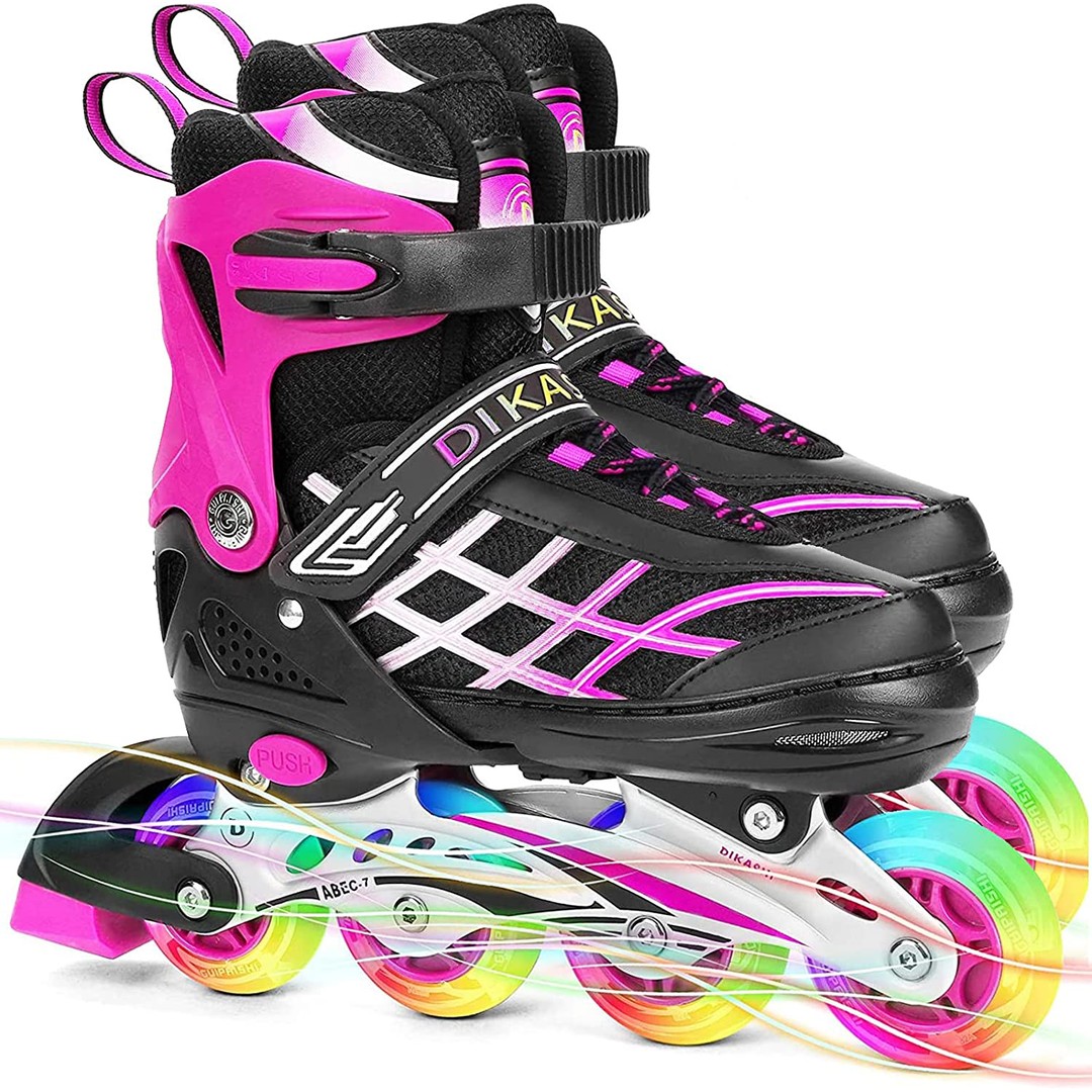 Kids Adjustable Inline Skates with Light Up Wheels Size27-32 Pink