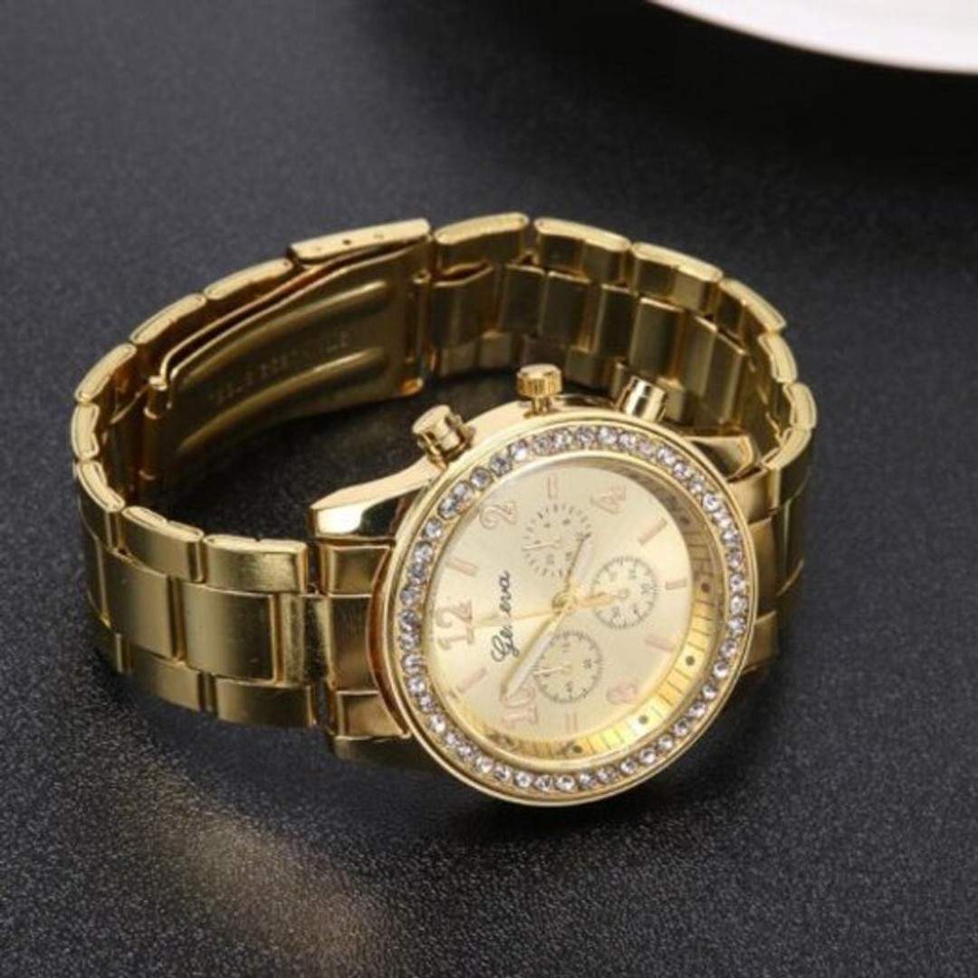 Fashion Ladies Diamond Steel Business Watch Golden, As shown, hi-res