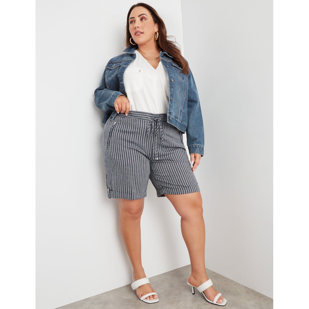 BeMe - Plus Size - Womens Blue Shorts - Linen - High Waist - Mid Thigh Bermuda - Night Sky - Striped - Fitted - Bike - Cool Casual Wear - Good Quality