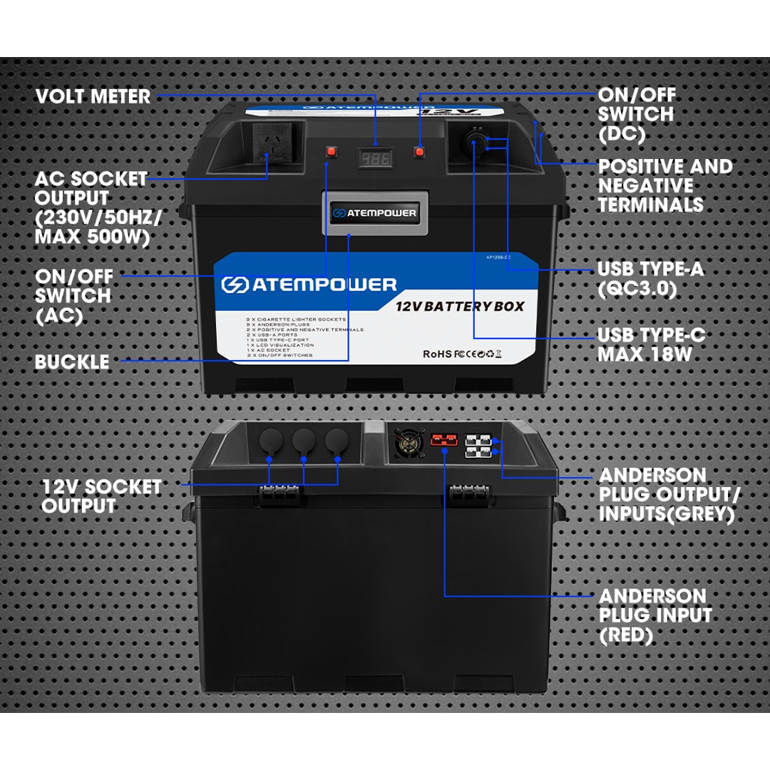 ATEM POWER Battery Box With Inverter Deep Cycle Battery Portable Caravan Camping, , hi-res