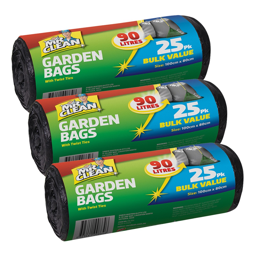 75pc Mr Clean 100x80cm Garden Bags 90L Waste/Clippings Storage w/ Twist Ties BLK