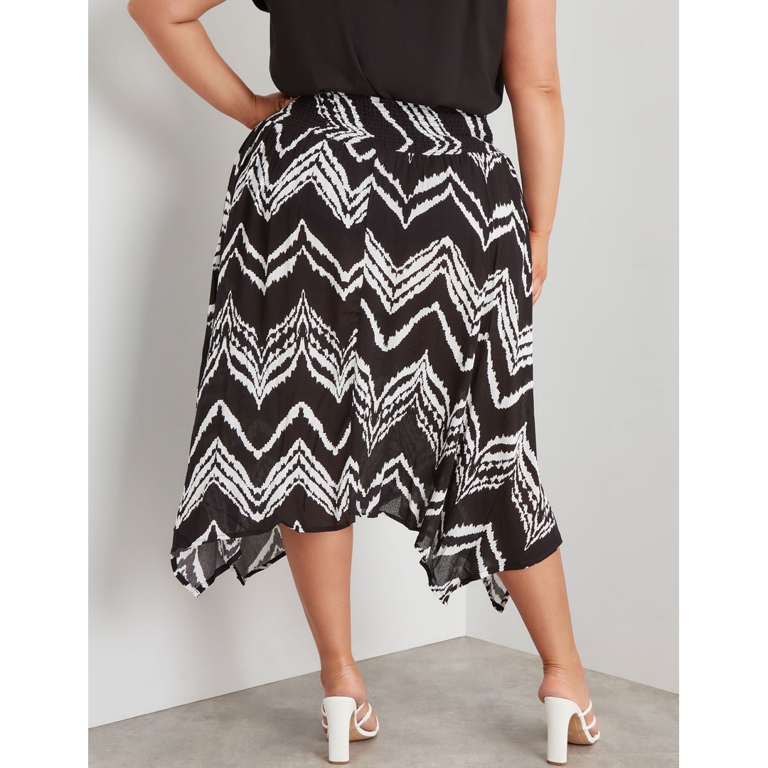 BeMe - Plus Size - Womens Skirts - Midi - Winter - Black - A Line - Clothing - Mono Print - Oversized - Tie Hanky Hem - Knee Length - Casual Fahion, Black, hi-res
