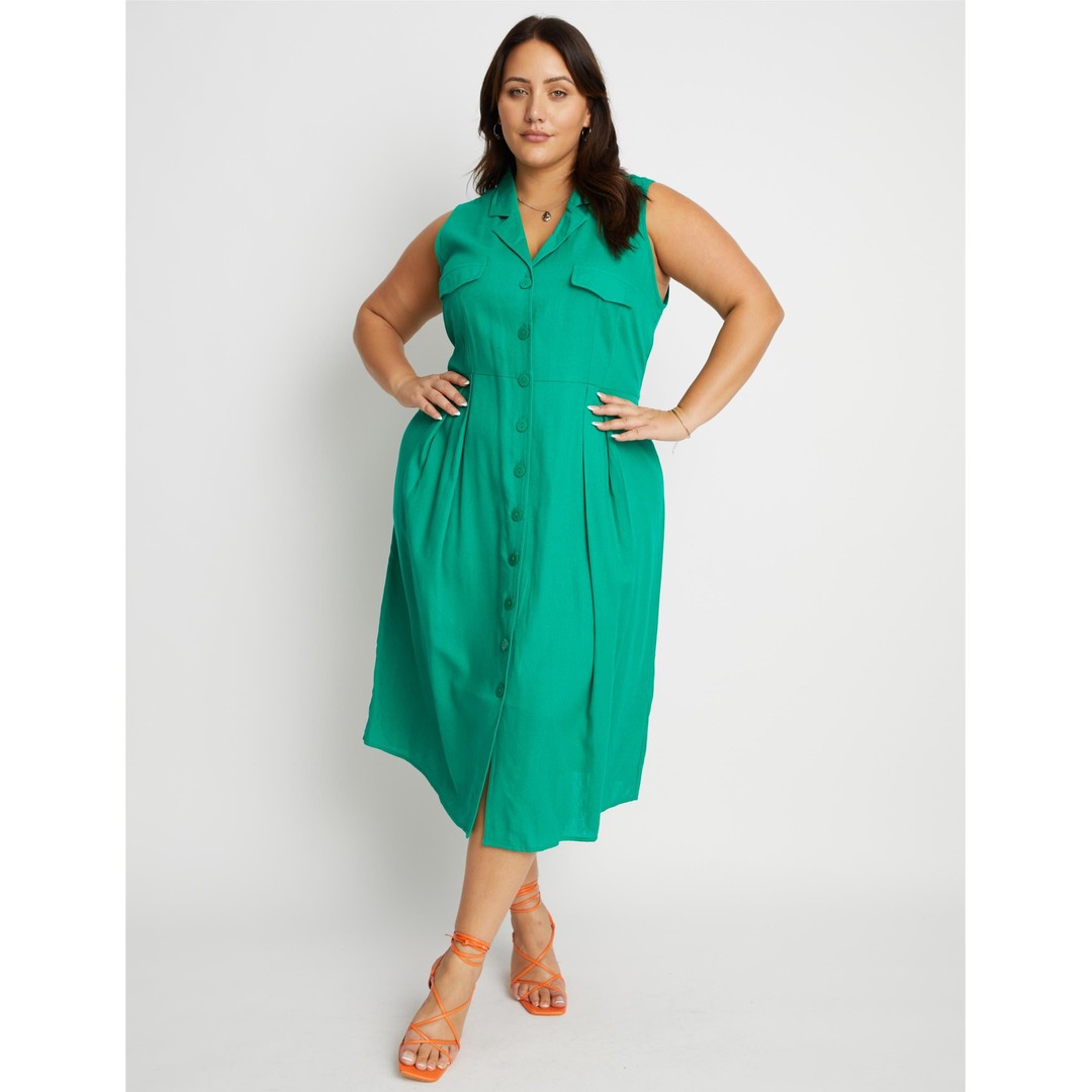 BeMe - Plus Size - Womens Midi Dress - Green - Summer Casual Linen Shirt Fashion - Emerald - Sleeveless - solid -  - Women's Clothing