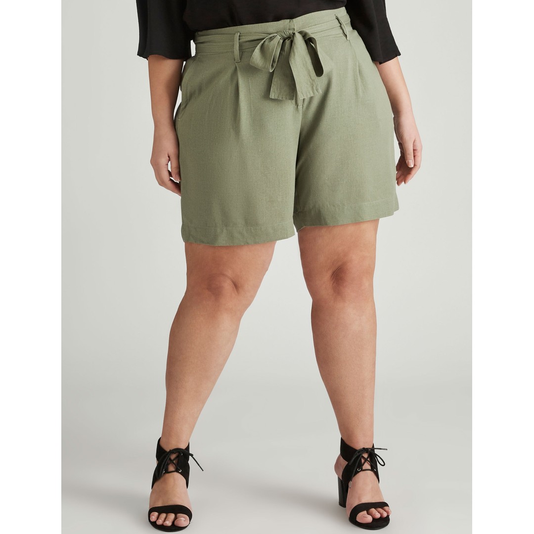 AUTOGRAPH - Plus Size - Womens Green Shorts - Summer - Linen Clothing Mid Thigh - Khaki - Bermuda - Solid - Tie Front - Comfort Fashion Wear - Casual