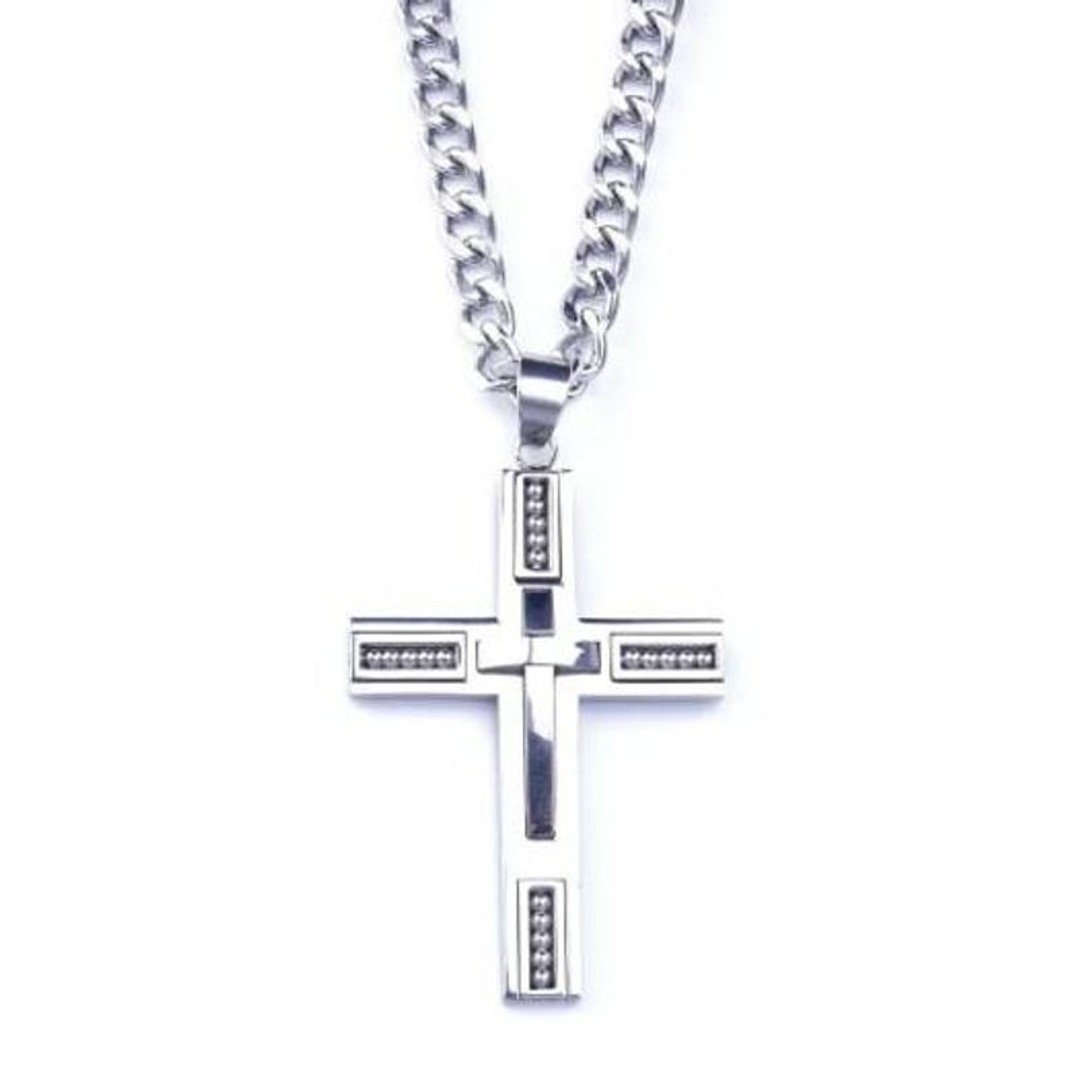 Stainless Steel Beaded Cross Men Pendant Necklace Silver 1Pc, As shown, hi-res