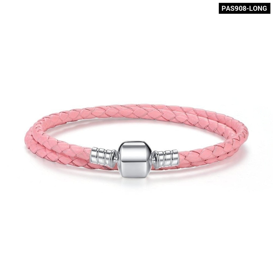 925 Sterling Silver Long Double Pink Black Braided Leather Chain Women Bracelets