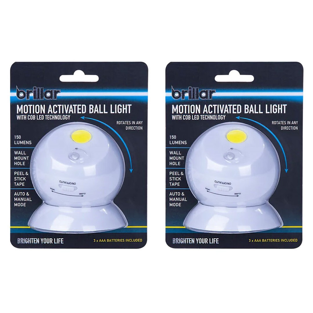 2x Brillar Motion Activated Battery Wall Mount Ball Light w/ Cob LED Technology