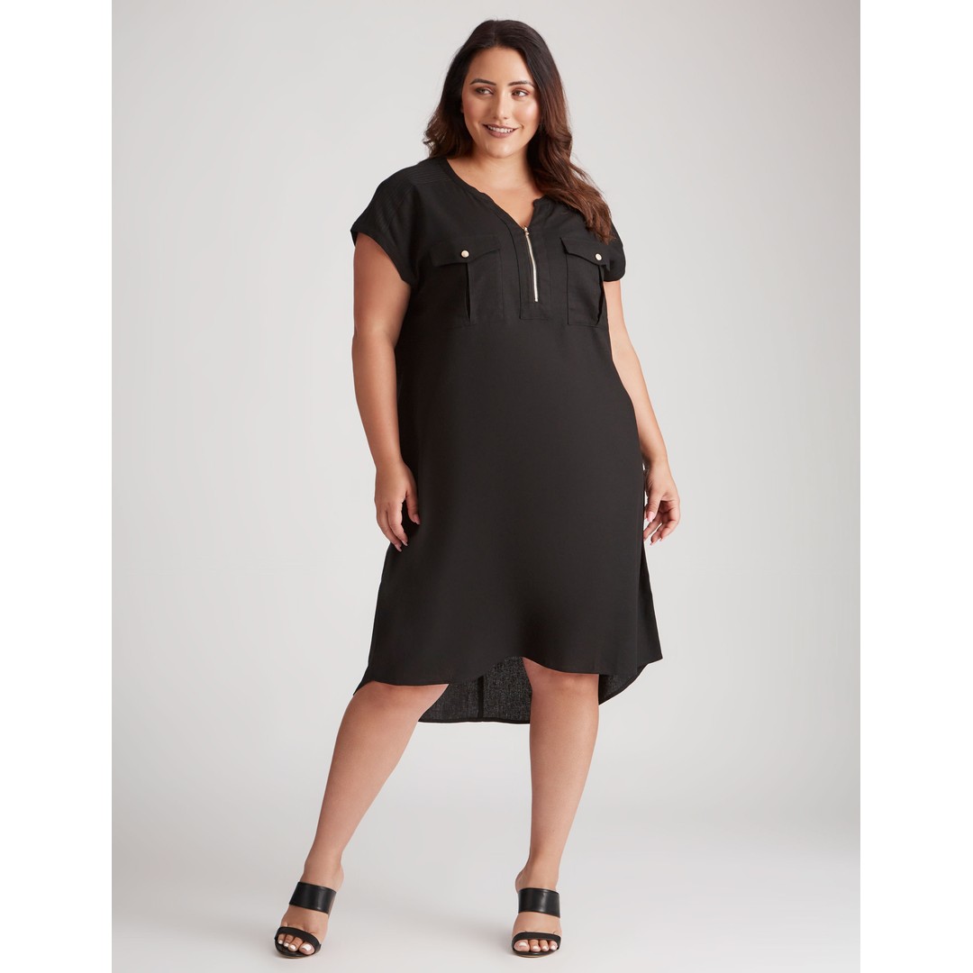Womens Beme Extended Sleeve Zipped Front Pocket Dress - Plus Size