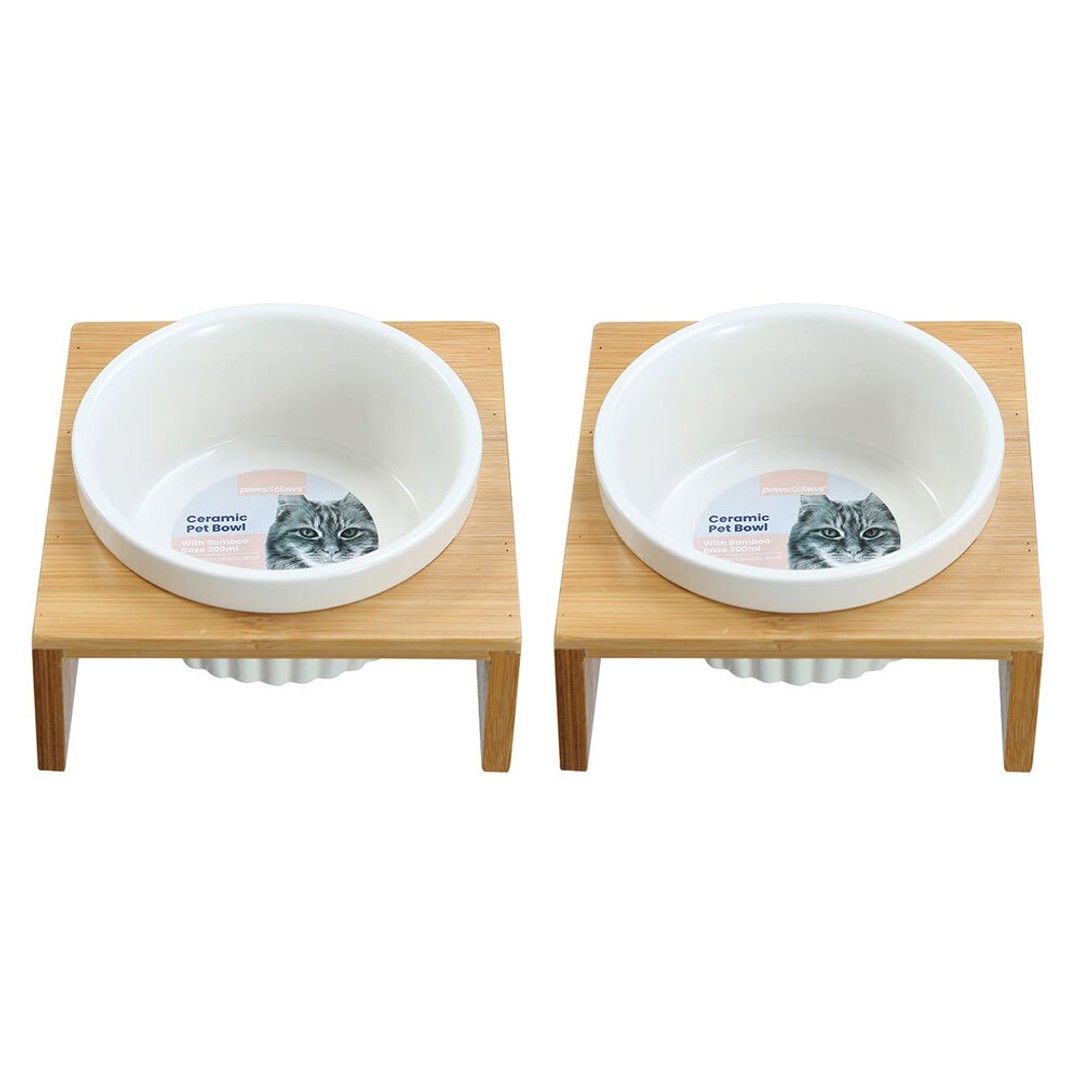 2x Paws & Claws 13x12cm/300ml Pet Cat Ceramic Water/Food Bowl Bamboo Base Stand