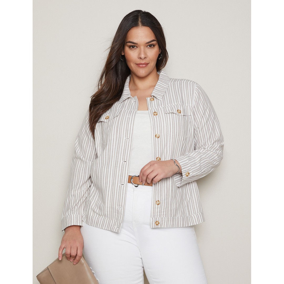 Womens Autograph Long Sleeve Linen Blend Denim Style Jacket - Plus Size, White, hi-res