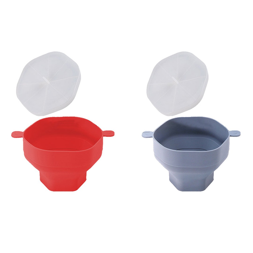 2Pcs Microwave Popcorn Popper Silicone Popcorn Bowl With Lid-Red+Grey