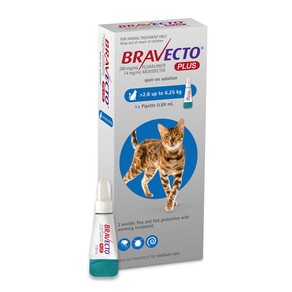 Bravecto PLUS Spot On Cat Flea Treatment WORM Treatment 2.8 - 6.25kg - 3 Months
