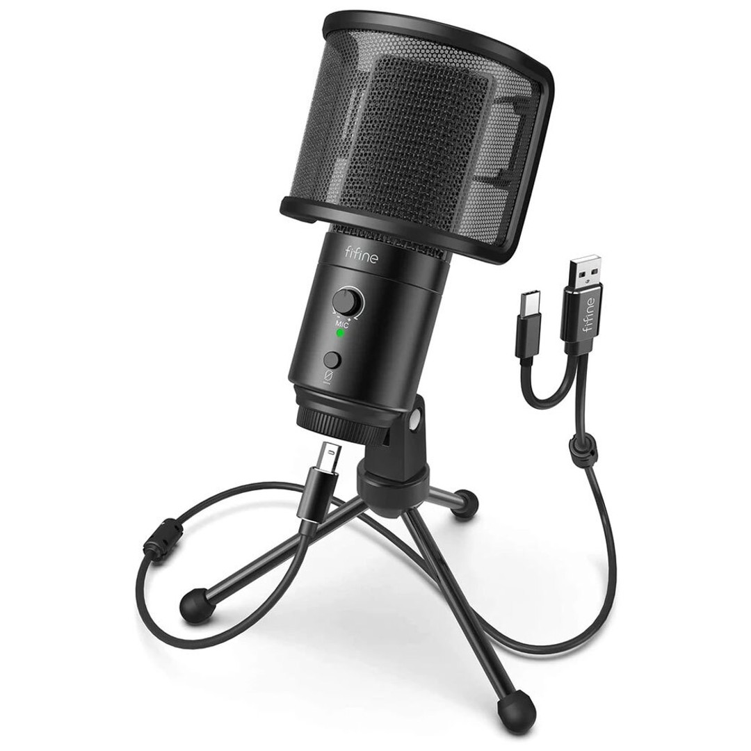 Fifine Technology Condenser Cardioid USB-C Podcast Microphone w/Stand/Pop Filter, , hi-res