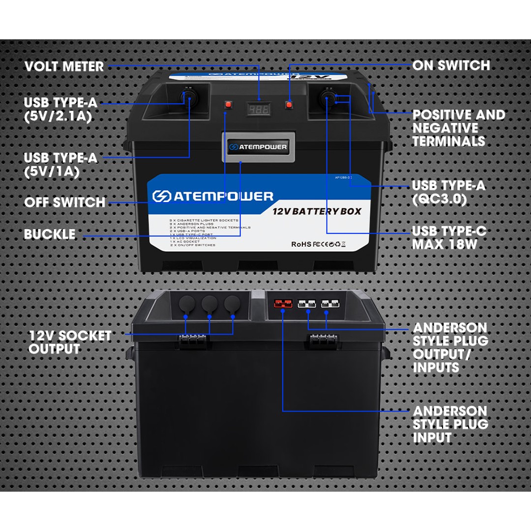 ATEM POWER Battery Box Deep Cycle Dual Battery System Portable Caravan Camping, , hi-res