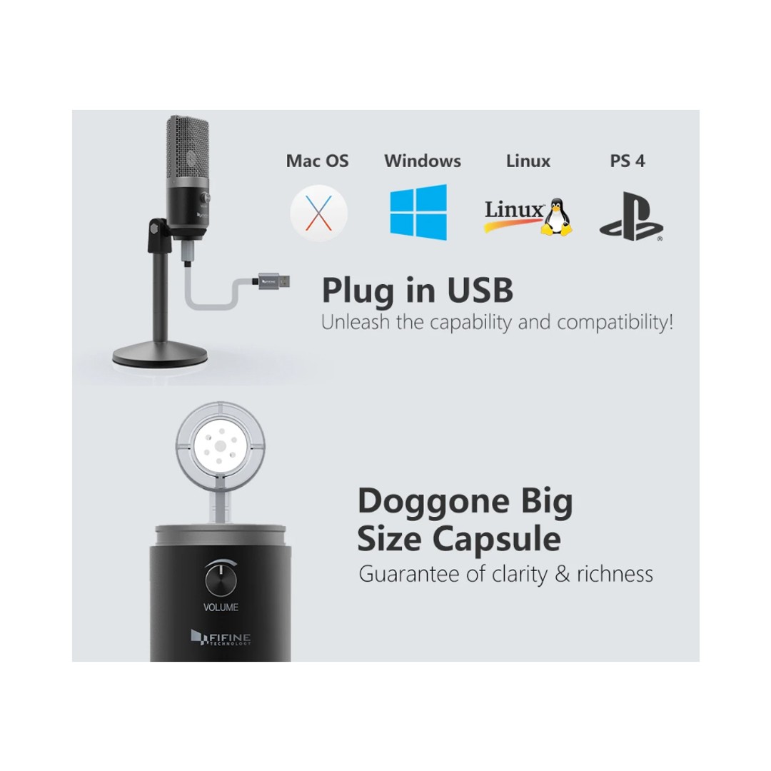 Fifine Technology USB Condenser Broadcast/Podcast Microphone w/Desk Stand Silver, , hi-res