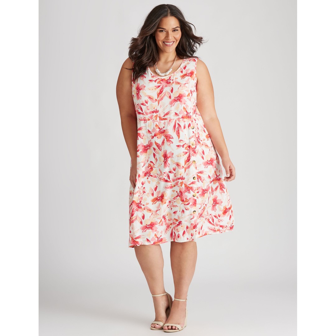 AUTOGRAPH - Plus Size - Womens Midi Dress - Pink - Summer Floral Shift Dresses - Bright Florals - Sleeveless - Florals - Relaxed Fit  Women's Clothing