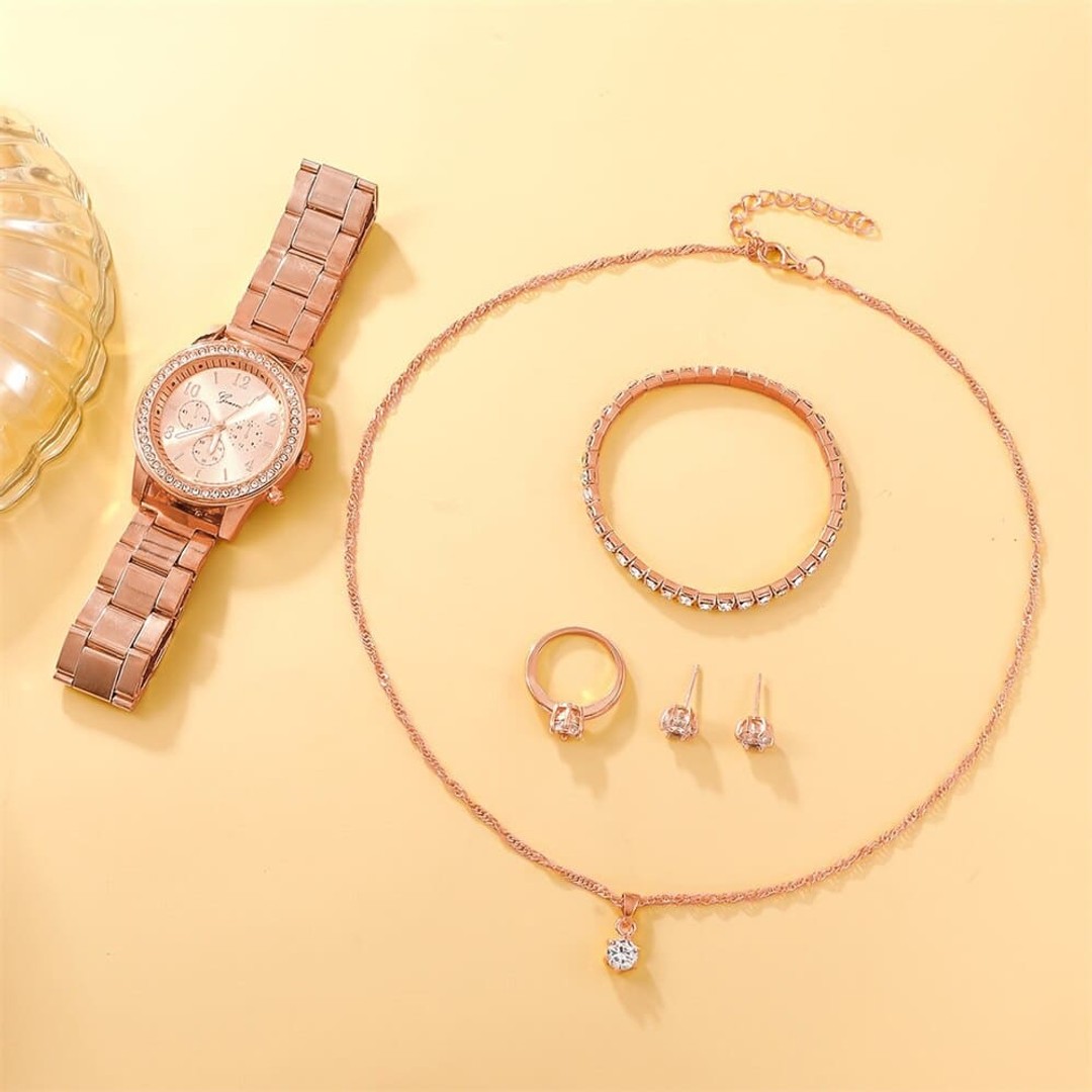 6PCS Set Watch Women Ring Necklace Earring Rhinestone Fashion Wristwatch Casual Ladies Watches Bracelet Set Clock, 6Pcs Silver Set, hi-res